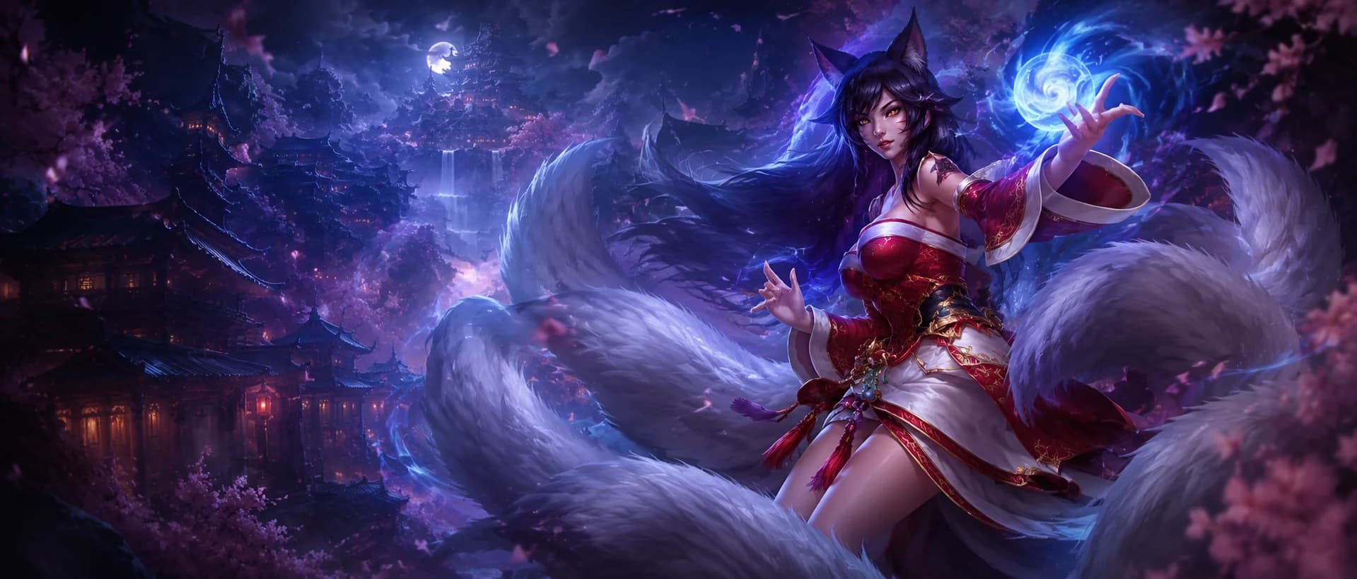 Ahri, the Nine-Tailed Fox, conjuring a sphere of spirit energy under a full moon
