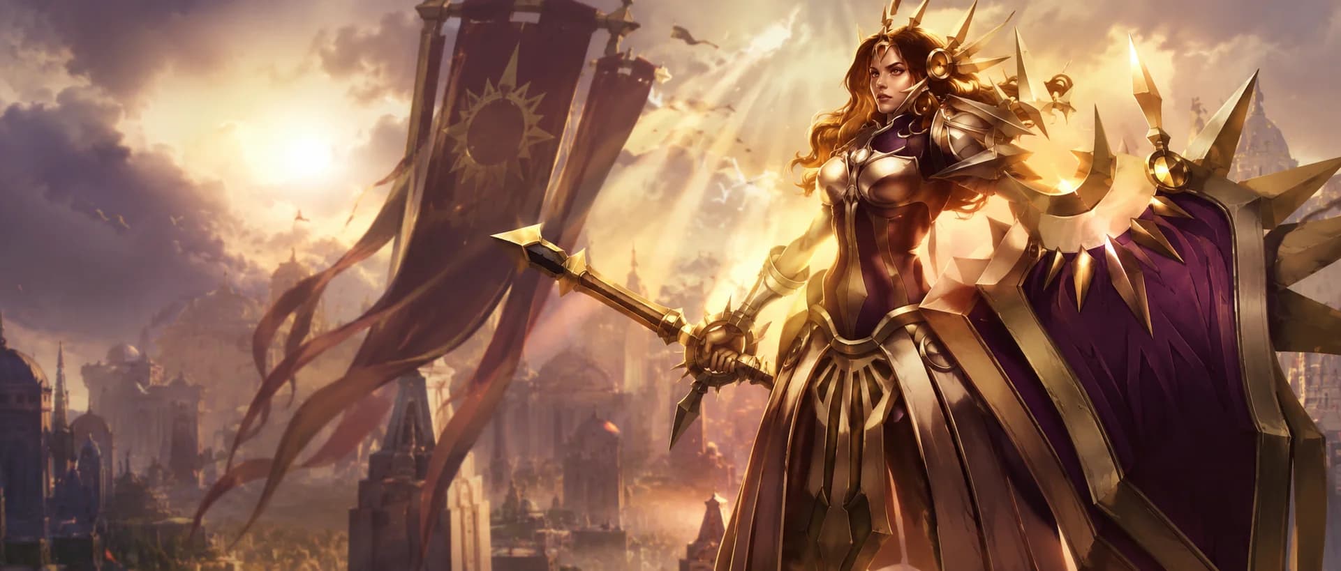 Leona, the Radiant Dawn, bathed in golden sunlight with her sunburst shield